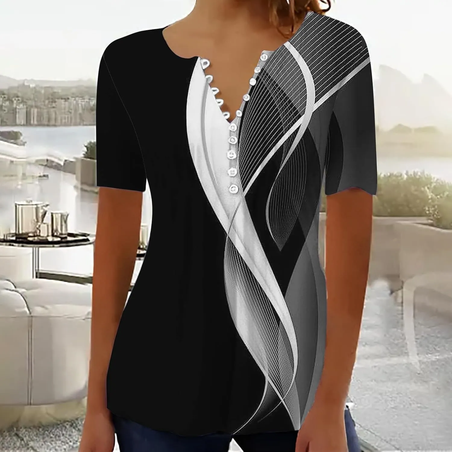 Women Summer Tops 2025 Fashion Short Sleeve V Neck Button Tshirt Boho Floral Printed Causal Dressy Waist Tighten Tee