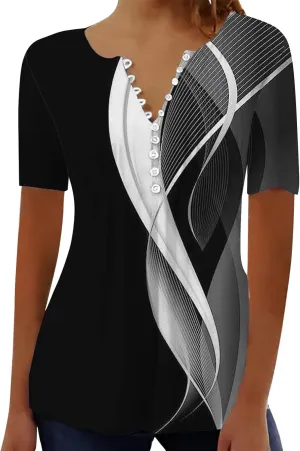 Women Summer Tops 2025 Fashion Short Sleeve V Neck Button Tshirt Boho Floral Printed Causal Dressy Waist Tighten Tee
