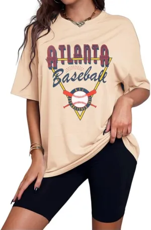 Women Vintage Tshirt Atlanta Baseball Letter Graphic Shirt Short Sleeve Oversized Loose Fit Summer Casual Tees Tops