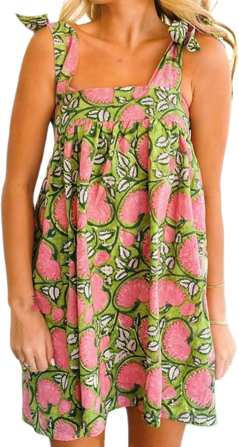 Women Y2k Babydoll Flowy Mini Dress Sleeveless Strap Square Neck Floral Loose Ruffle Going Out Short Sundress