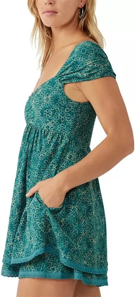 Women Y2k Babydoll Mini Dress Lace Trim Square Neck Sleeveless Floral Dress Flowy Sundress Summer Streetwear