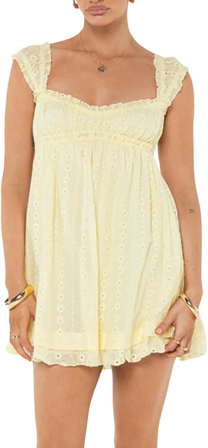 Women Y2k Babydoll Mini Dress Lace Trim Square Neck Sleeveless Floral Dress Flowy Sundress Summer Streetwear
