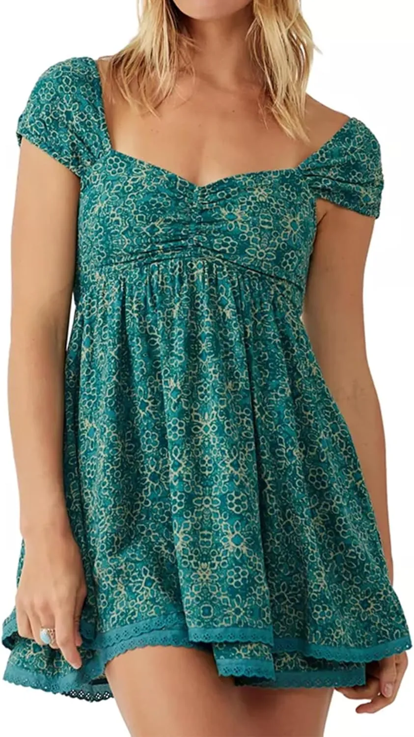 Women Y2k Babydoll Mini Dress Lace Trim Square Neck Sleeveless Floral Dress Flowy Sundress Summer Streetwear