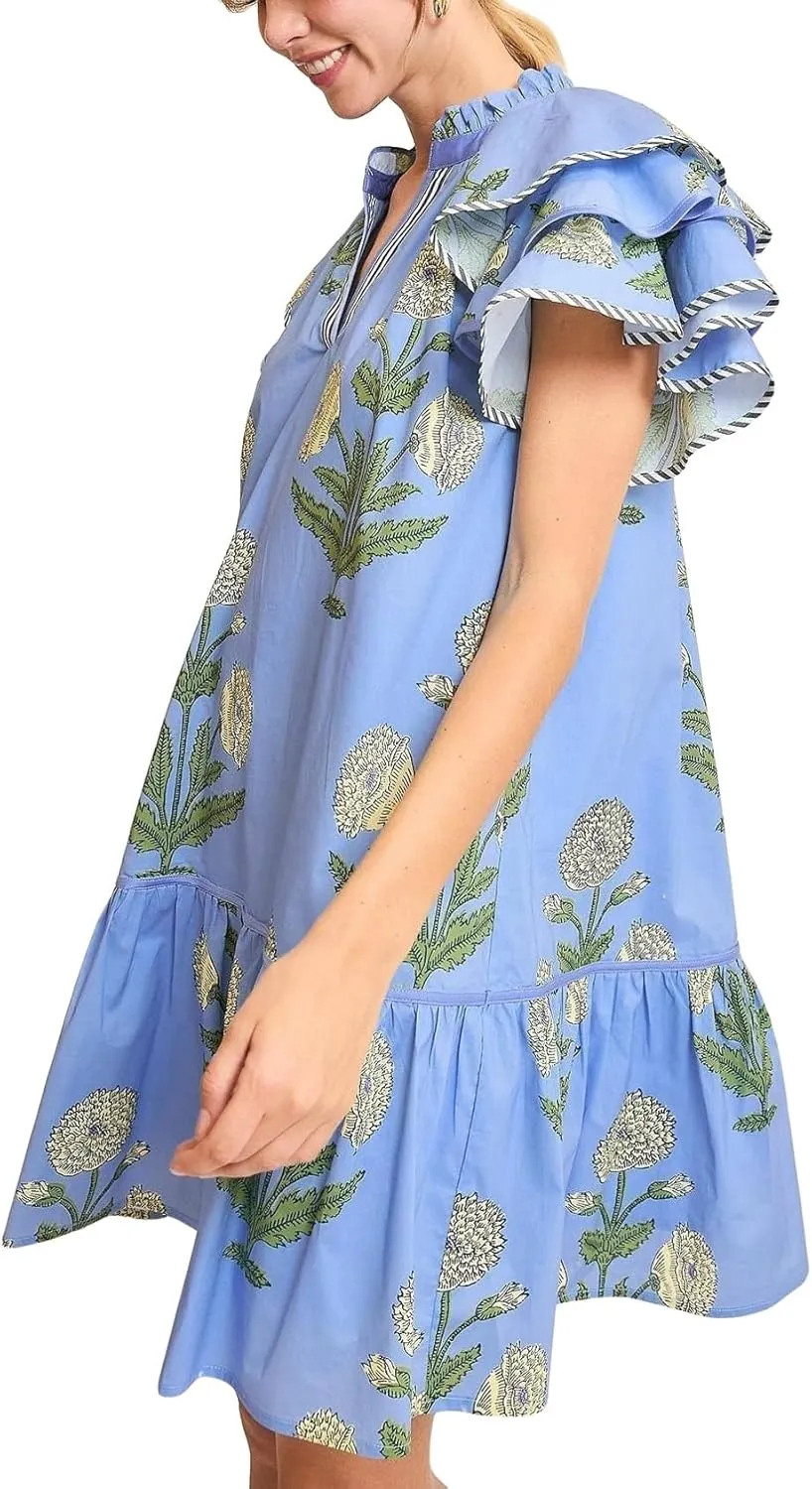 Women Y2K Boho Floral Babydoll Mini Dresses V Neck Puff Sleeve Short Dress Bohemian Beach A Line Sundress