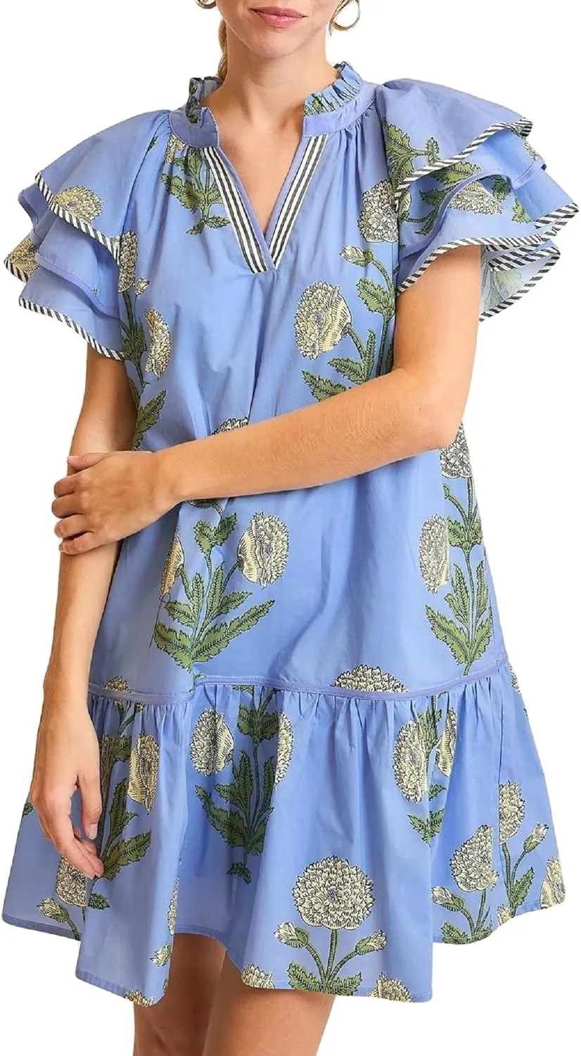 Women Y2K Boho Floral Babydoll Mini Dresses V Neck Puff Sleeve Short Dress Bohemian Beach A Line Sundress