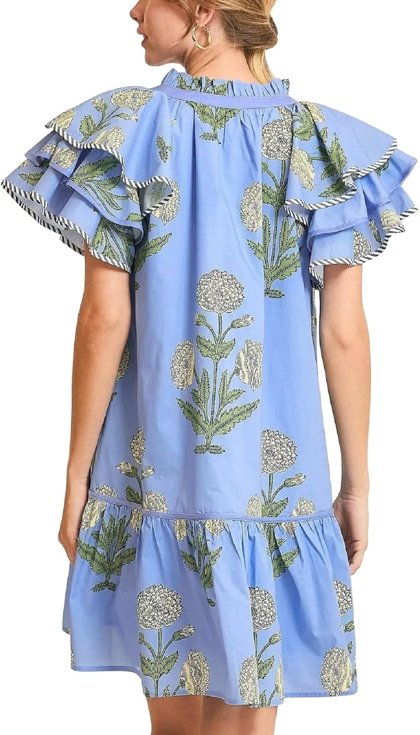 Women Y2K Boho Floral Babydoll Mini Dresses V Neck Puff Sleeve Short Dress Bohemian Beach A Line Sundress