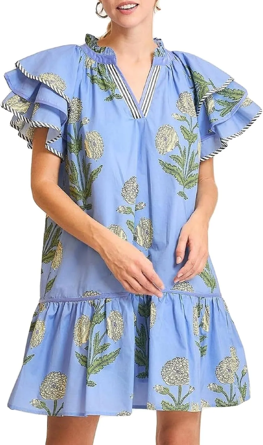 Women Y2K Boho Floral Babydoll Mini Dresses V Neck Puff Sleeve Short Dress Bohemian Beach A Line Sundress