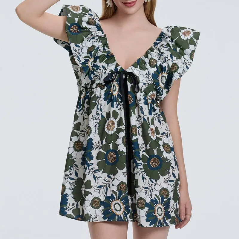 Women Y2k Floral Babydoll Mini Dress Ruffle Backless Bow Tie Short Dress Flowy Boho Beach Vacation Sundress