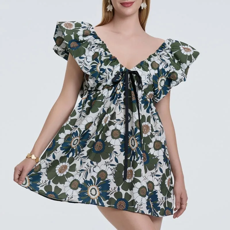 Women Y2k Floral Babydoll Mini Dress Ruffle Backless Bow Tie Short Dress Flowy Boho Beach Vacation Sundress