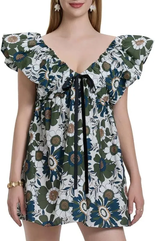 Women Y2k Floral Babydoll Mini Dress Ruffle Backless Bow Tie Short Dress Flowy Boho Beach Vacation Sundress