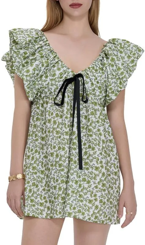 Women Y2k Floral Babydoll Mini Dress Ruffle Backless Bow Tie Short Dress Flowy Boho Beach Vacation Sundress