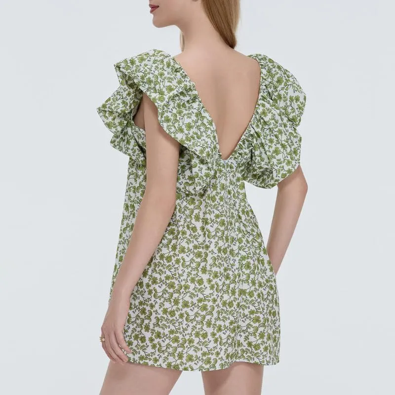 Women Y2k Floral Babydoll Mini Dress Ruffle Backless Bow Tie Short Dress Flowy Boho Beach Vacation Sundress