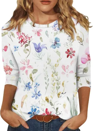 Womens 3/4 Sleeve Shirts Crewneck Dressy Casual Tops Printed Lightweight Loose Fit Cute T Shirts