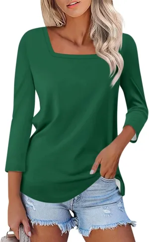 Womens 3/4 Sleeve Tops and Blouses Square Neck Holiday Cute Shirts Dressy Casual Three Quarter Workout Tunic Tops