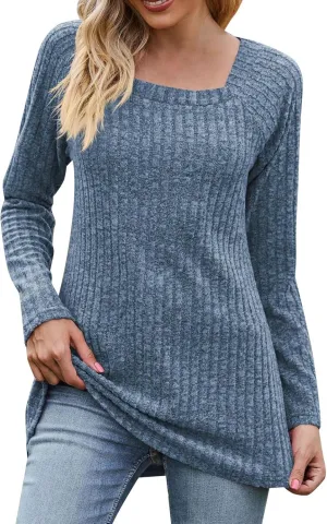 Womens Autumn Sweaters Solid Color Fashion Square Neck Long Sleeve Ribbed Knit Pullover Tops Loose Outdoor Sweatshirts