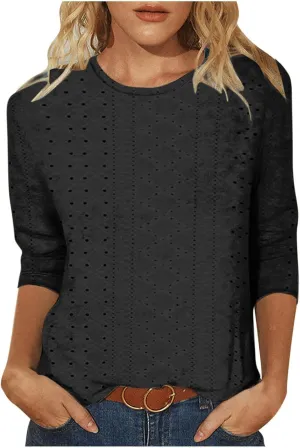 Womens Blouses Casual 3/4 Length Sleeve Cute Solid Color Summer T Shirts Round Neck Loose Comfy Fit Tee Shirts
