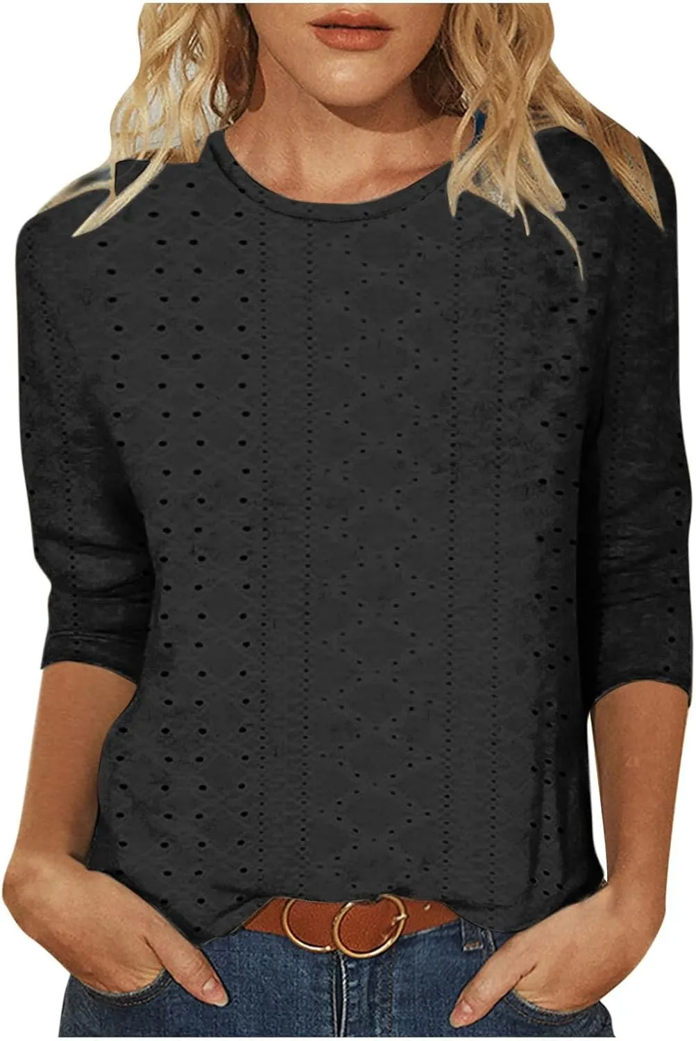 Womens Blouses Casual 3/4 Length Sleeve Cute Solid Color Summer T Shirts Round Neck Loose Comfy Fit Tee Shirts