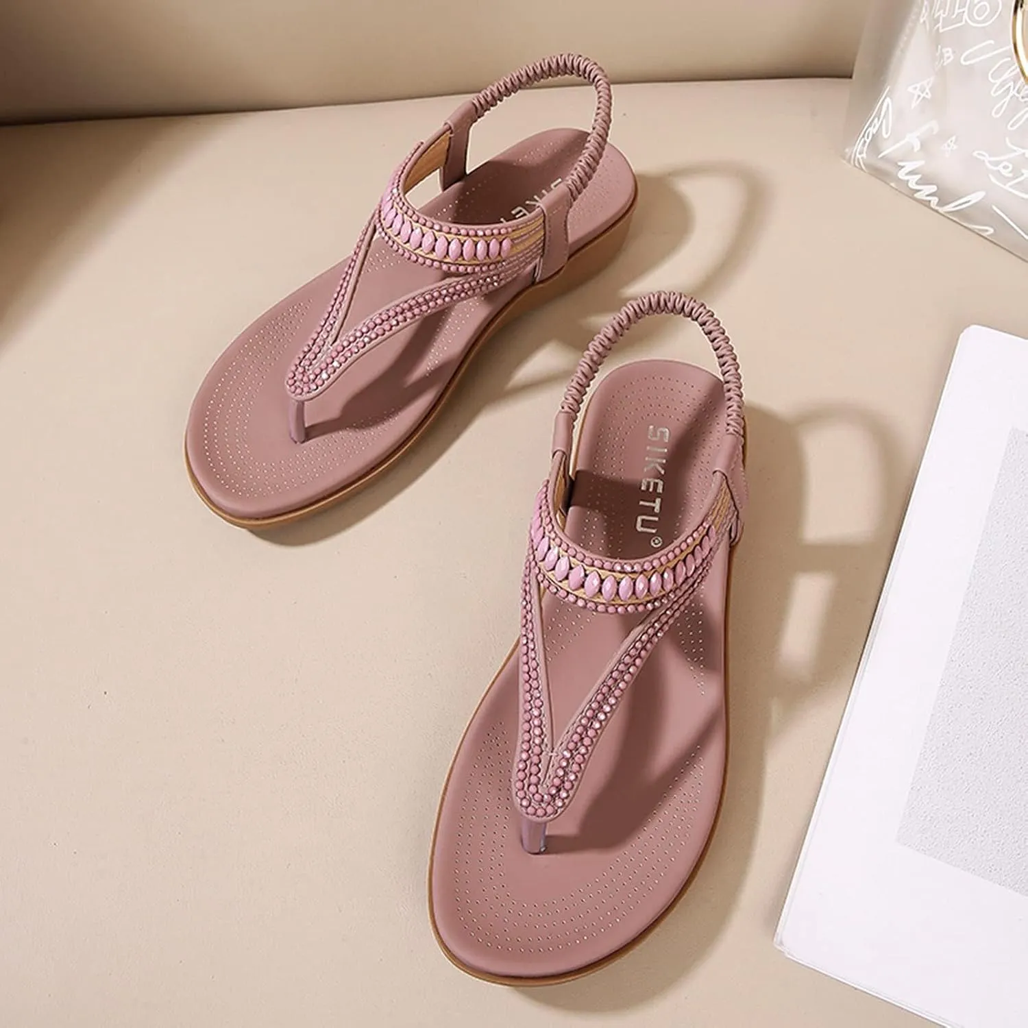 Women's Bohemian Rhinestone T-Strap Flat Sandals Summer Flipflops Embellished Beach Thong Sandal Comfort Arch Support Flops Wedding Crystal Beaded Dress Flip-Flop Gladiator Shoes Plus-Size