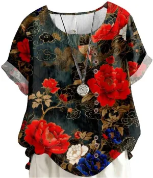 Women's Boho Floral Shirts Short Sleeve Crewneck Blouse Button Casual Loose Fit T Shirt Tunic Tops for Summer