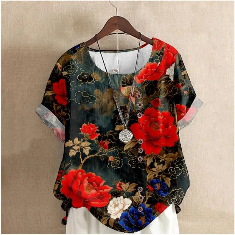 Women's Boho Floral Shirts Short Sleeve Crewneck Blouse Button Casual Loose Fit T Shirt Tunic Tops for Summer