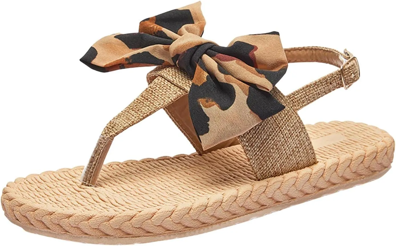 Women's Bow Flip Flops Lightweight Woven Trending Thong Sandal Open Toe Comfort Beach Flip-Flops Shoes