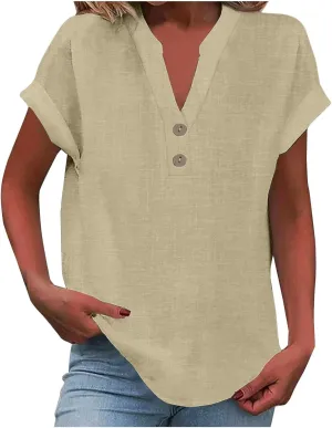 Womens Button Down Linen Shirt Short Sleeve V Neck Shirts Solid Color Comfy Tops Summer Casual Dressy Tunic Top