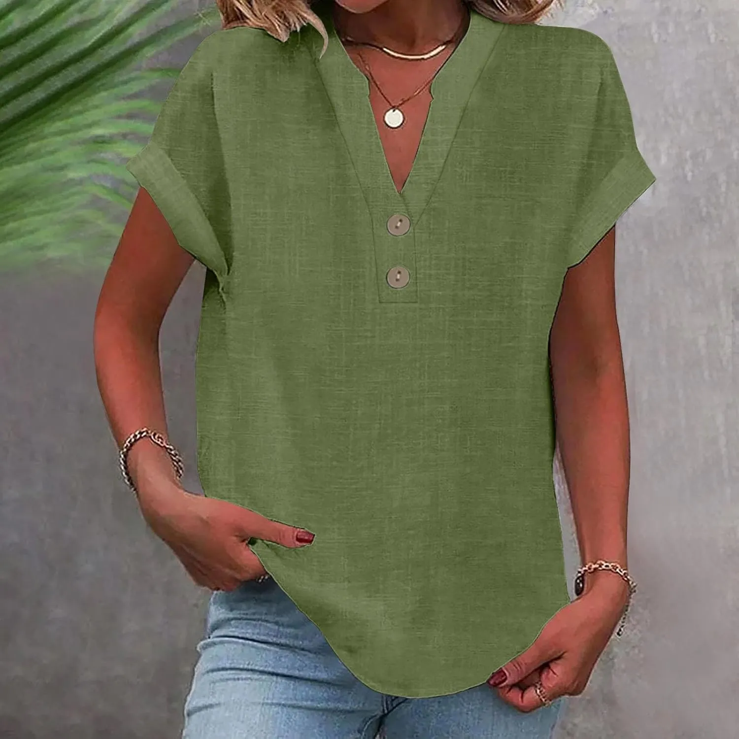 Womens Button Down Linen Shirt Short Sleeve V Neck Shirts Solid Color Comfy Tops Summer Casual Dressy Tunic Top