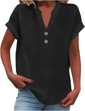 Womens Button Down Linen Shirt Short Sleeve V Neck Shirts Solid Color Comfy Tops Summer Casual Dressy Tunic Top