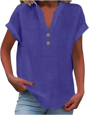 Womens Button Down Linen Shirt Short Sleeve V Neck Shirts Solid Color Comfy Tops Summer Casual Dressy Tunic Top