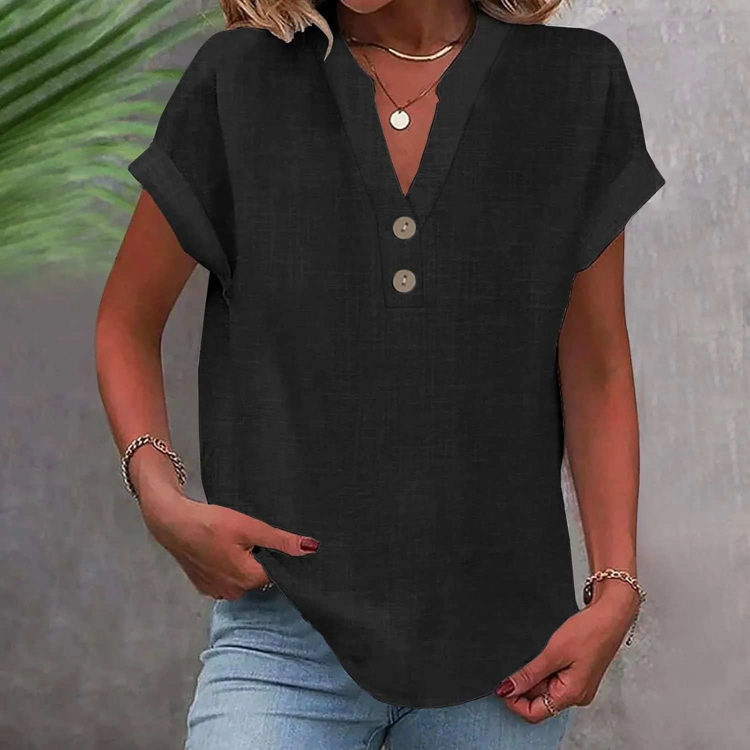 Womens Button Down Linen Shirt Short Sleeve V Neck Shirts Solid Color Comfy Tops Summer Casual Dressy Tunic Top