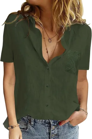 Womens Button Down Shirts Cotton Summer Tops V Neck Short Sleeve Shirt Collar Blouse Casual Plain Tshirt Work Tops
