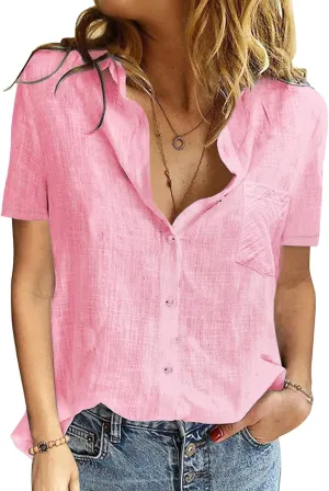 Womens Button Down Shirts Cotton Summer Tops V Neck Short Sleeve Shirt Collar Blouse Casual Plain Tshirt Work Tops
