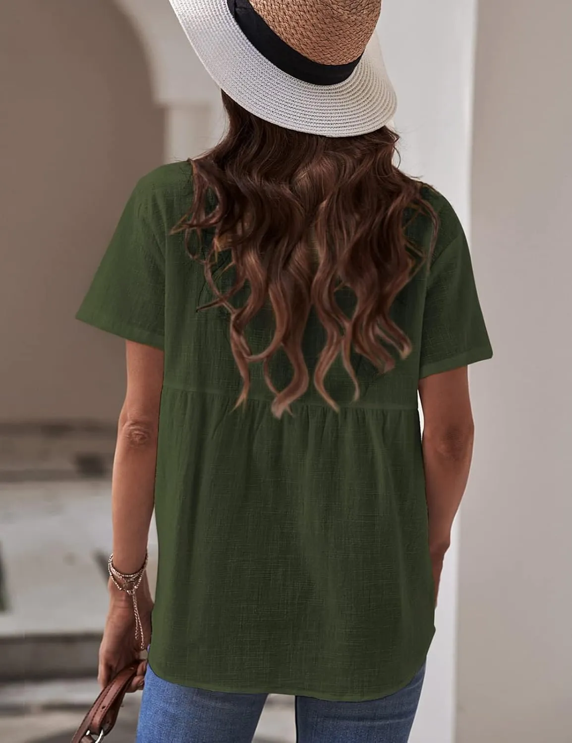 Womens Button Down Shirts Cotton Summer Tops V Neck Short Sleeve Shirt Collar Blouse Casual Plain Tshirt Work Tops