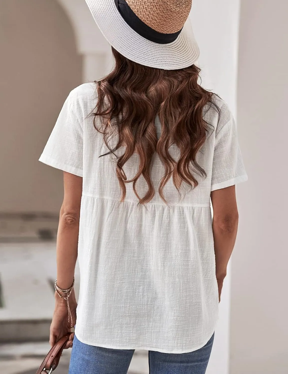 Womens Button Down Shirts Cotton Summer Tops V Neck Short Sleeve Shirt Collar Blouse Casual Plain Tshirt Work Tops