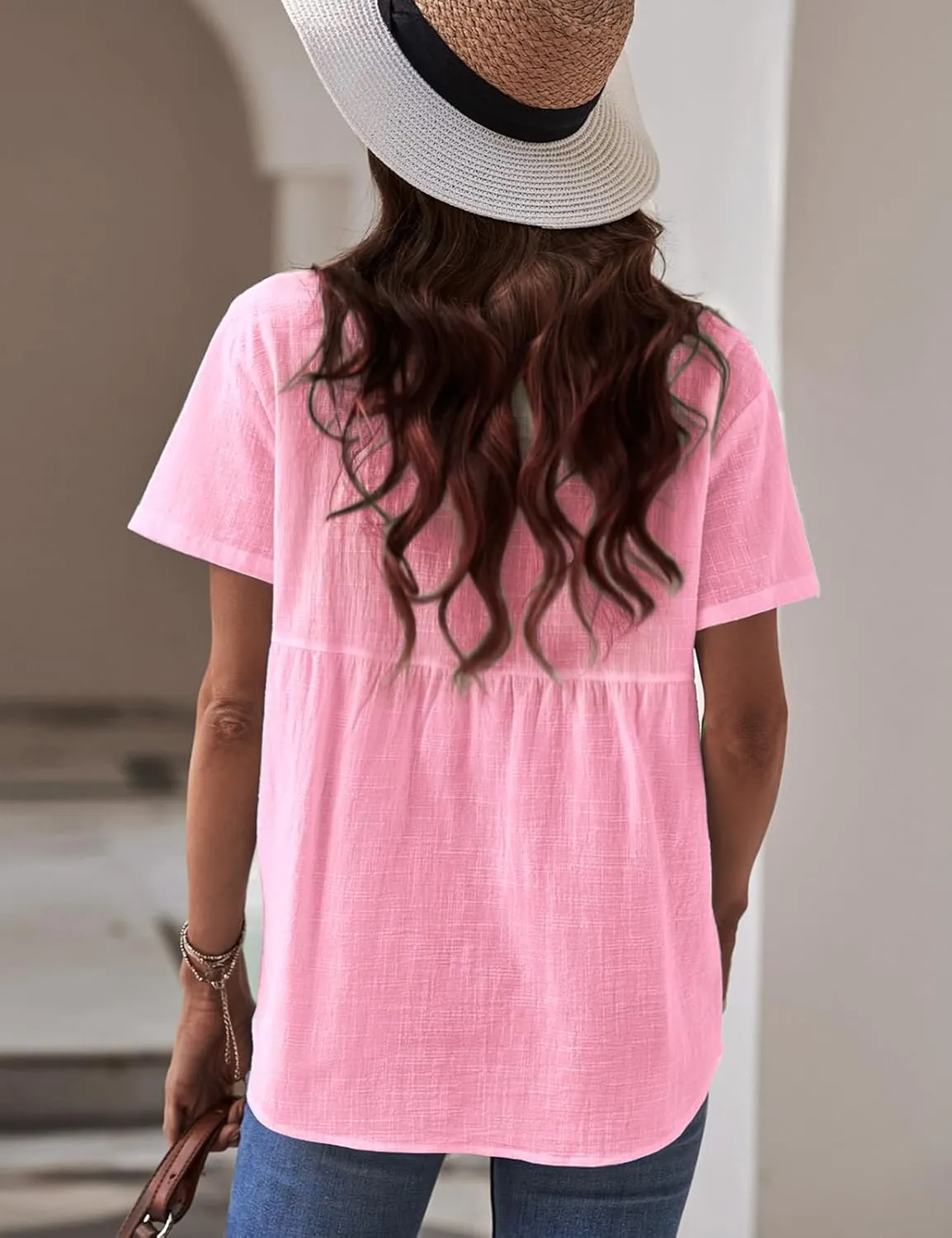 Womens Button Down Shirts Cotton Summer Tops V Neck Short Sleeve Shirt Collar Blouse Casual Plain Tshirt Work Tops