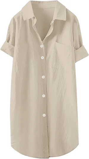 Womens Button Shirt Dresses Daily Casual High Low Irregular Hem Short/Half Sleeve Blouse Loose Summer Linen Tops 2025