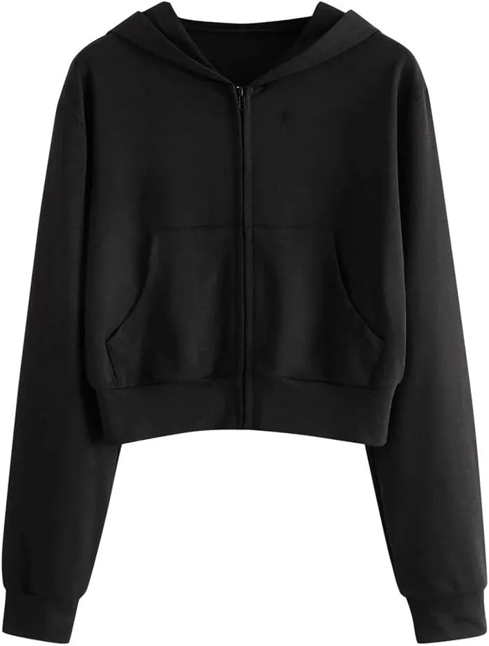 Women's Casual Drawstring Zip Up Hoodies Cute Workout Long Sleeve Crop Tops Trendy Lightweight Pockets Sweatshirts