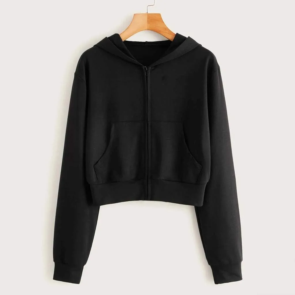 Women's Casual Drawstring Zip Up Hoodies Cute Workout Long Sleeve Crop Tops Trendy Lightweight Pockets Sweatshirts