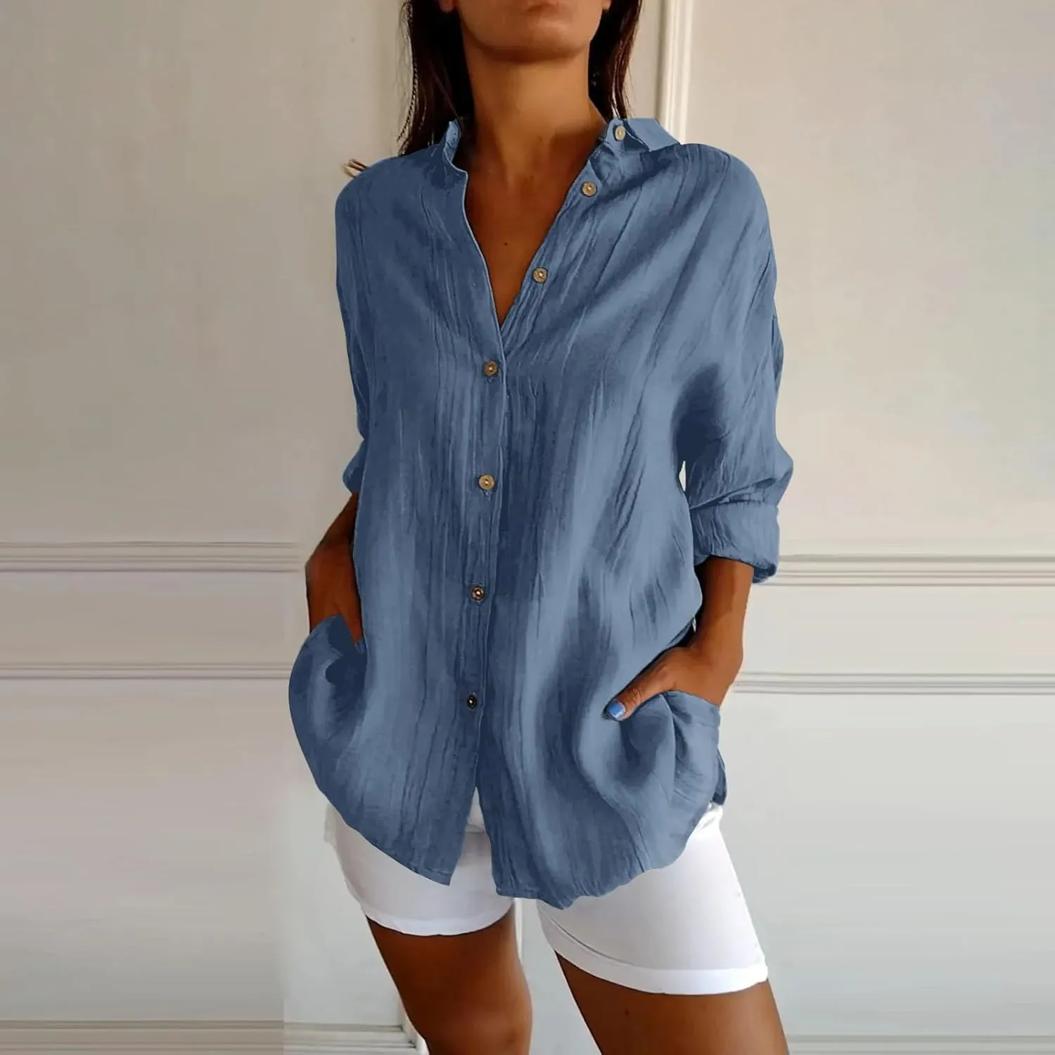 Womens Casual Shirts Cotton Linen Loose Singel Breasted Lapel Solid Business Blouse Daily Fashion Long Sleeve Shirts