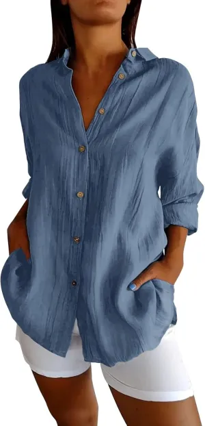 Womens Casual Shirts Cotton Linen Loose Singel Breasted Lapel Solid Business Blouse Daily Fashion Long Sleeve Shirts