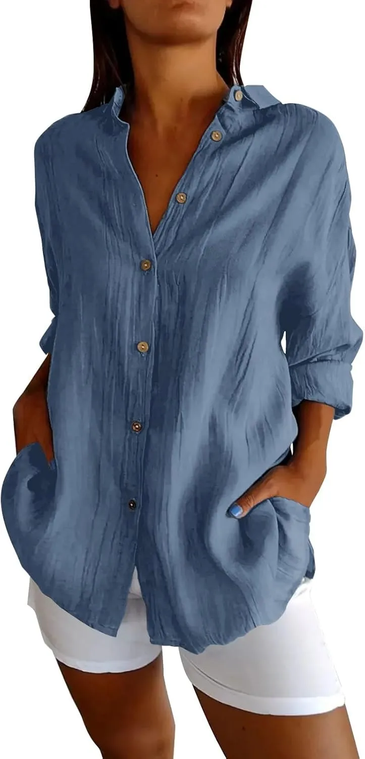 Womens Casual Shirts Cotton Linen Loose Singel Breasted Lapel Solid Business Blouse Daily Fashion Long Sleeve Shirts