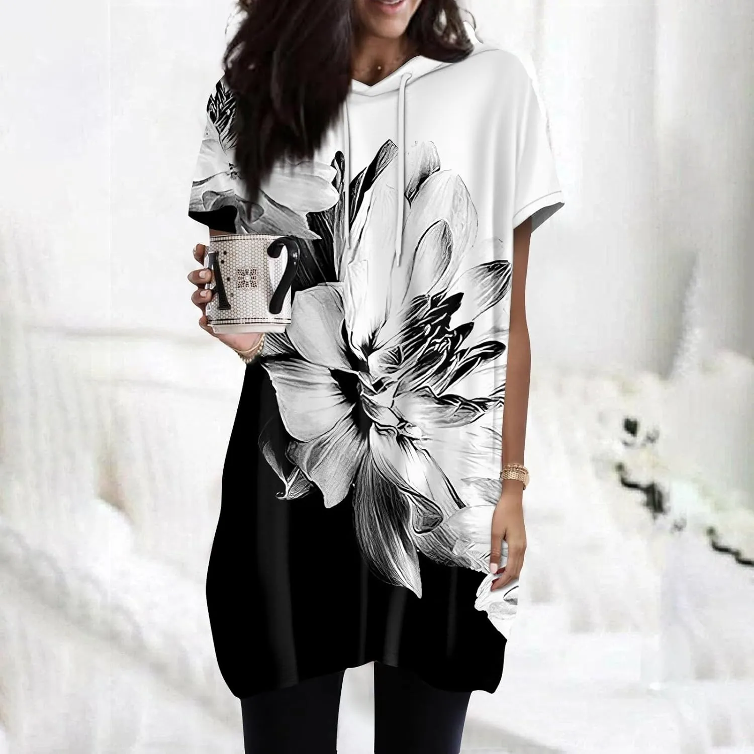Women's Casual Summer Hoodies Short Sleeve Drawstring Hoodies Tops Front Pullover T-Shirts Tops