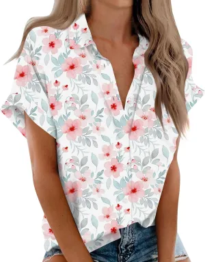 Women's Casual V Neck Floral Print Short Sleeve Blouses Button Down Shirts Loose Fit Boho Summer Tops Trendy