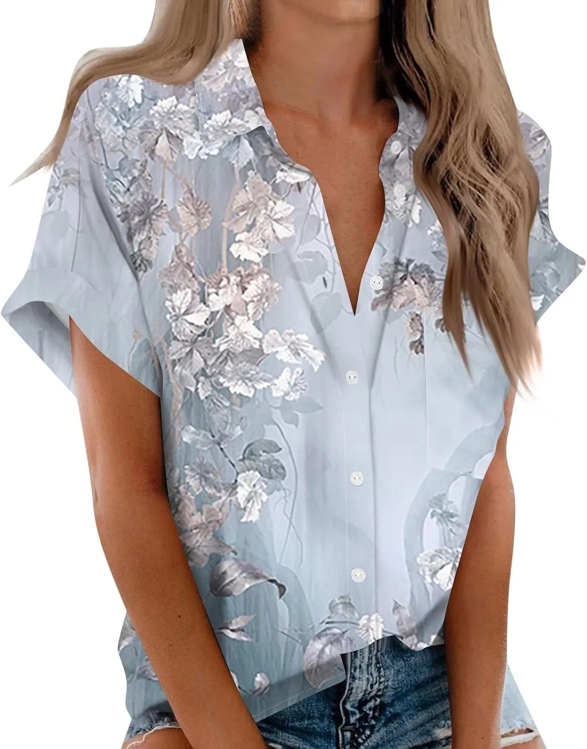 Women's Casual V Neck Floral Print Short Sleeve Blouses Button Down Shirts Loose Fit Boho Summer Tops Trendy