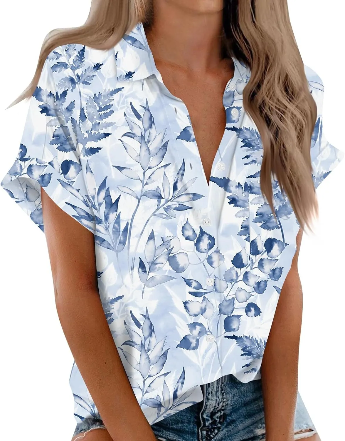 Women's Casual V Neck Floral Print Short Sleeve Blouses Button Down Shirts Loose Fit Boho Summer Tops Trendy