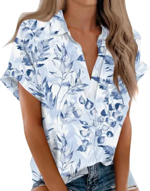 Women's Casual V Neck Floral Print Short Sleeve Blouses Button Down Shirts Loose Fit Boho Summer Tops Trendy