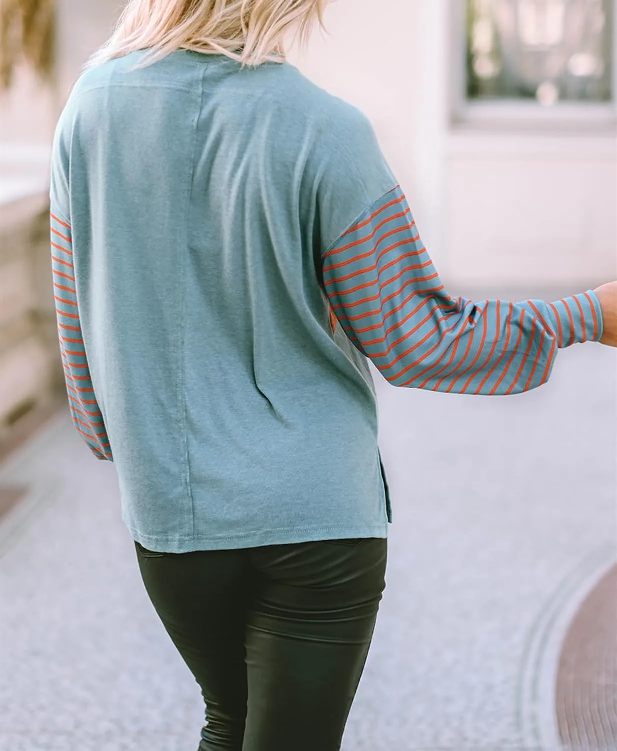 Women's Colorblock Striped Sleeve Tops Crewneck Sweatshirts Pullover Tunic Shirts Blouses