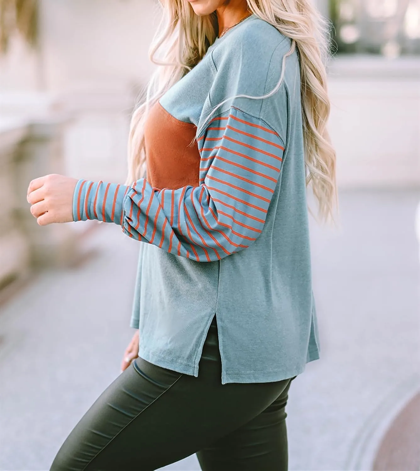 Women's Colorblock Striped Sleeve Tops Crewneck Sweatshirts Pullover Tunic Shirts Blouses