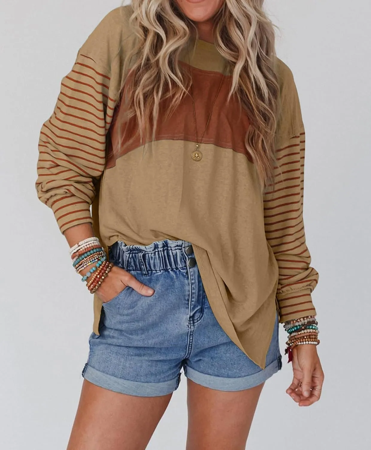 Women's Colorblock Striped Sleeve Tops Crewneck Sweatshirts Pullover Tunic Shirts Blouses