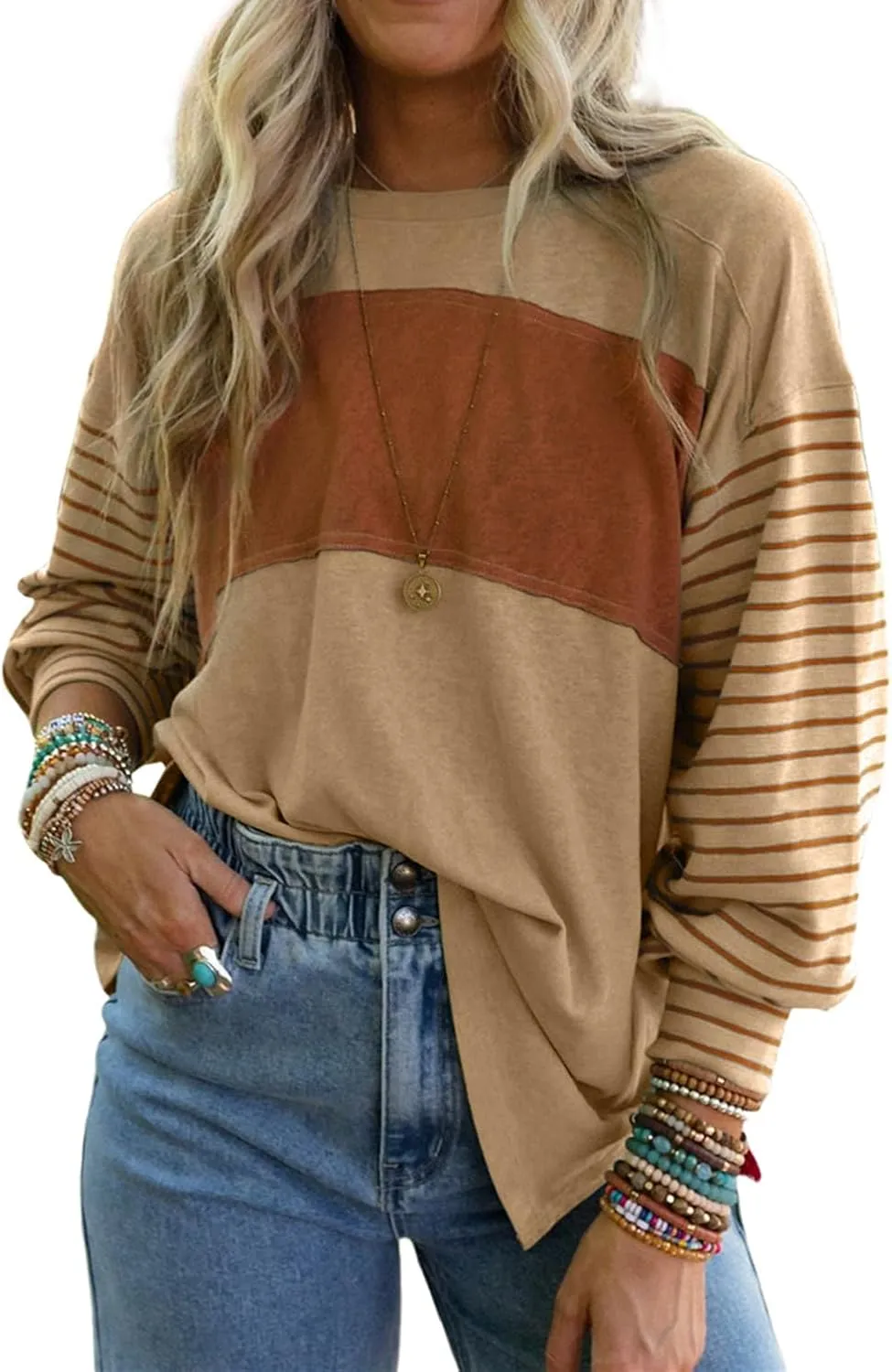 Women's Colorblock Striped Sleeve Tops Crewneck Sweatshirts Pullover Tunic Shirts Blouses